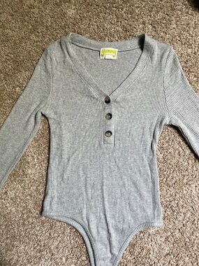 Yummy Ribbed Long-Sleeve Gray Henley Bodysuit